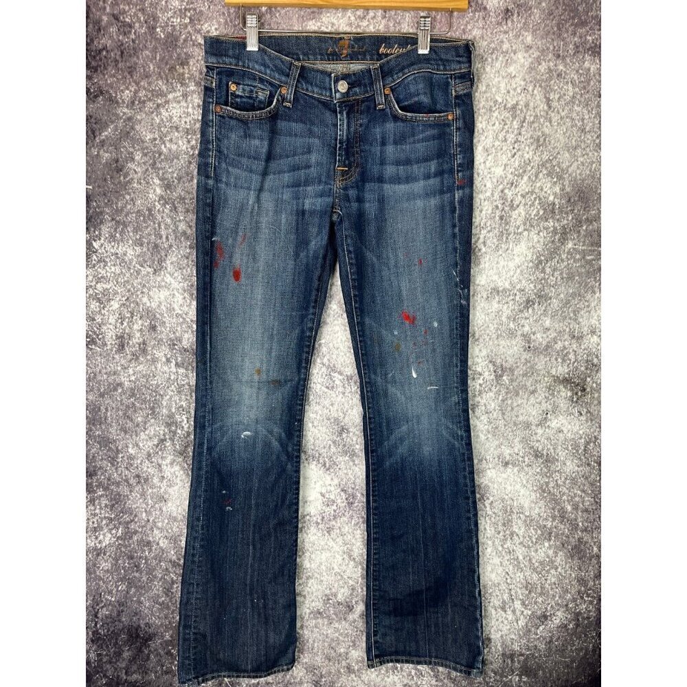 7 For All Mankind Jeans Womens 29 Blue Denim Flare Leg Splatter Paint Artcore